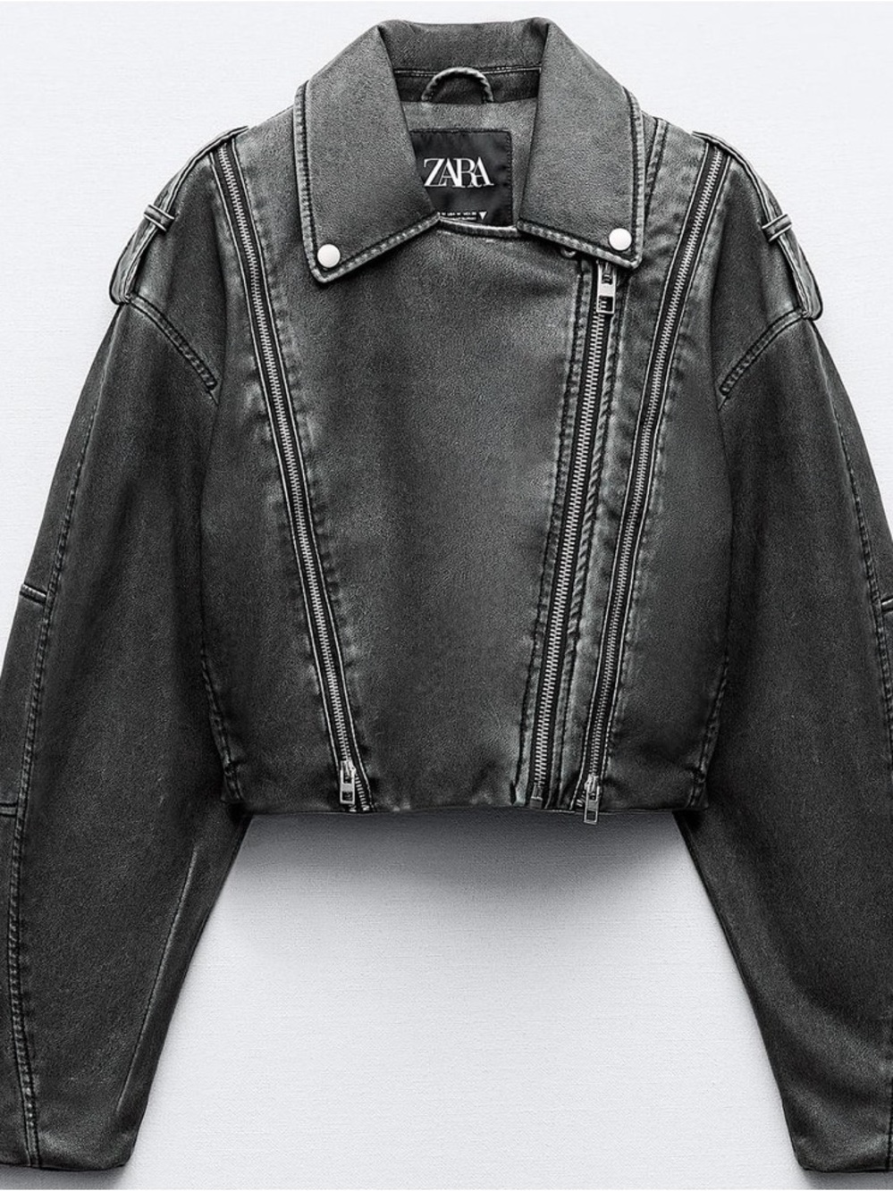 ZARA Black Cropped Asymmetrical Zip Leather Jacket